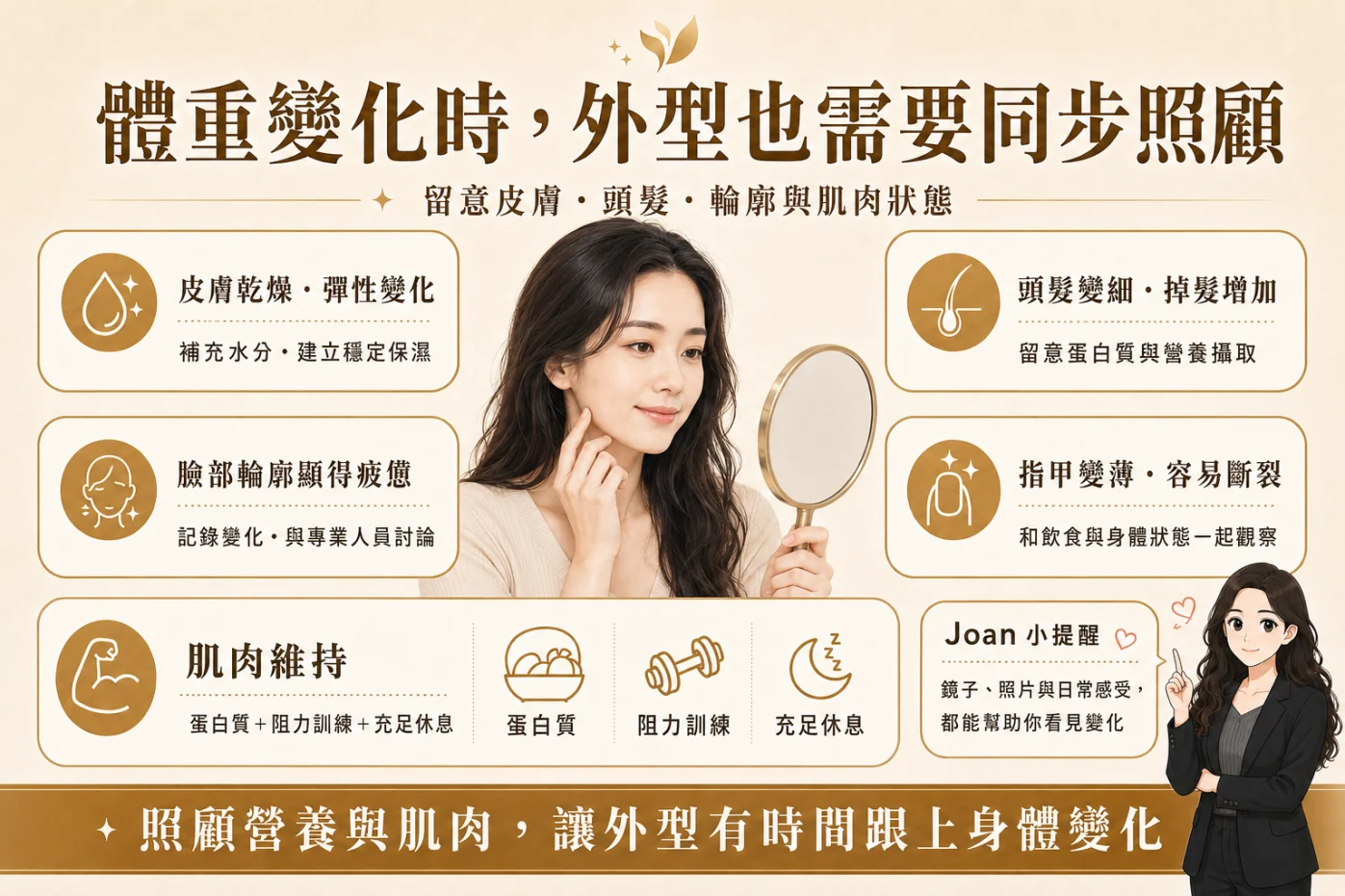 體重變化時皮膚頭髮輪廓指甲與肌肉維持重點