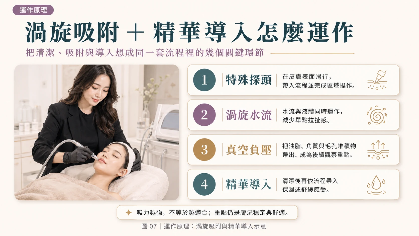 運作原理：渦旋吸附與精華導入示意