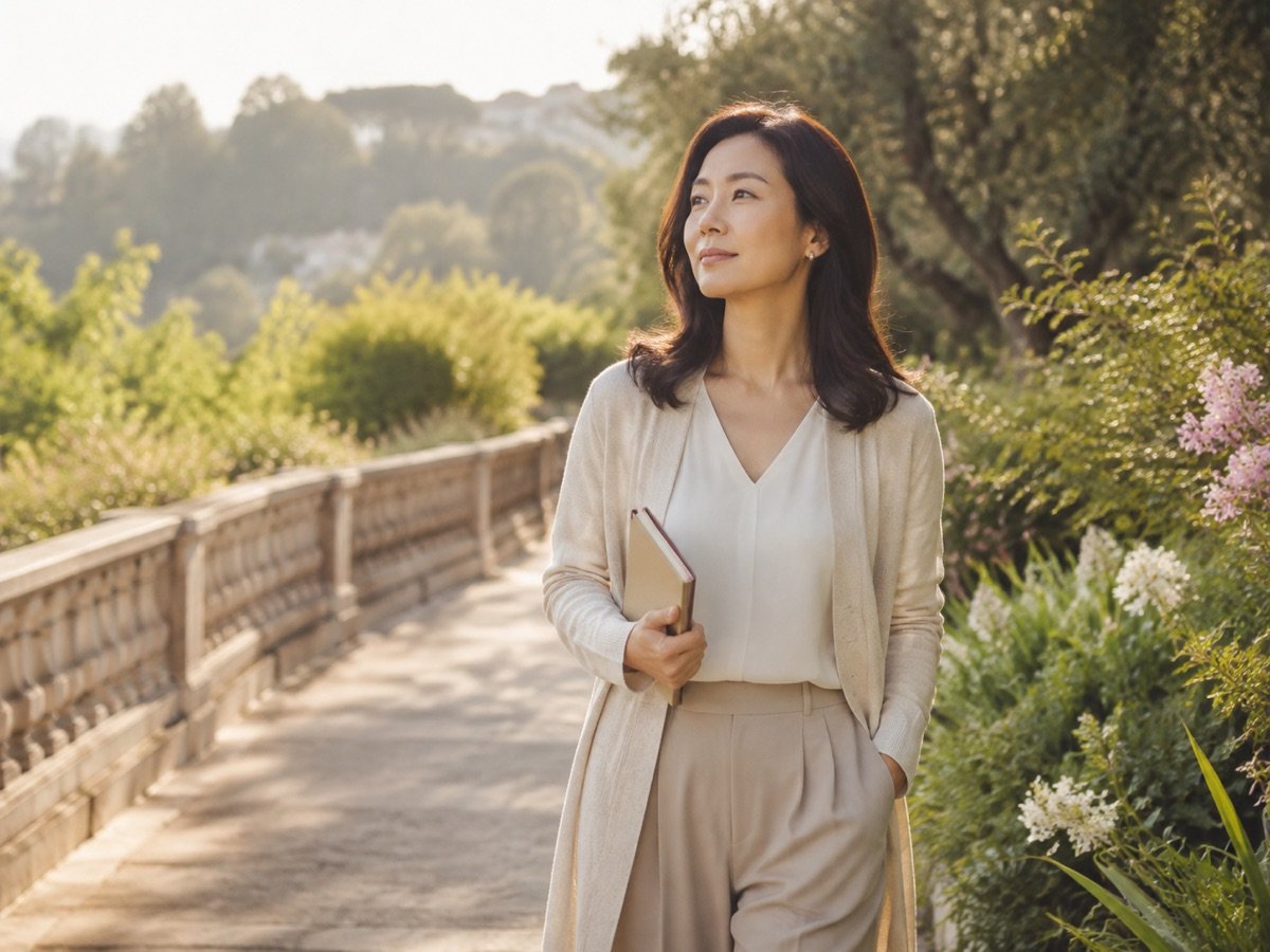 女性沿著明亮步道規劃長期自我照顧方向